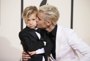 Singer Justin Bieber and his brother, Jaxon, arrive at the Grammy Awards