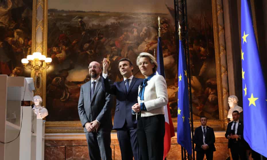 Ursula von der Leyen, right, at the EU leaders summit in Paris on Friday, with European Council president Charles Michel, left, and French president, Emmanuel Macron