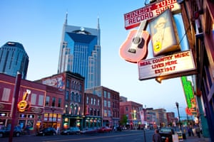 historic bars and honky-tonks along lower Broadway in Nashville Tennessee USA.