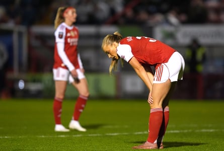 Arsenal's Smilla Holmberg looks downcast at the final whistle against Brighton