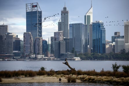 Birds are seen in front of the central business district (CBD) of Western Australia’s capital city of Perth on June 22, 2026.