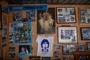 Photographic prints, shirts, scarves and gadgets at the bar entirely dedicated to Maradona and his time at Naples, at Largo degli Artisti square