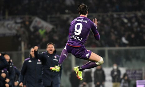 Dusan Vlahovic celebrates in style after scoring his second goal of the game against Milan.