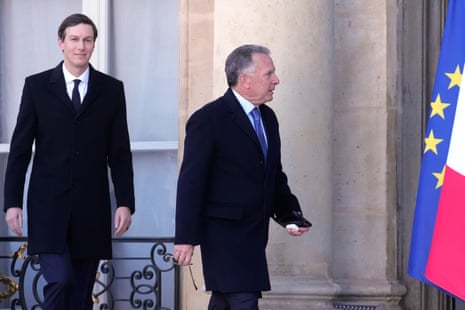 United States Mideast envoy Steve Witkoff, right, and Jared Kushner arrive for a meeting of the ‘Coalition of the Willing’ on Ukraine at the Elysee Palace in Paris, France, Tuesday, Jan. 6, 2026.