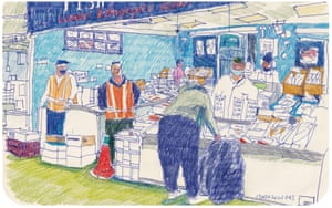 The bustle of Fishnet in a drawing by artist Pat Wingshan Wong who captures the life of fishmongers at Billingsgate Market, London.