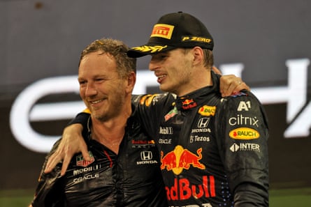 Max Verstappen with Christian Horner in December 2021 after winning his first world title