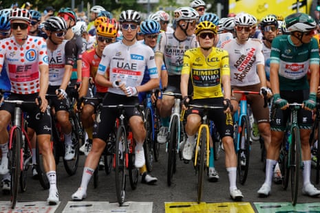 Left to right: Neilson Powless (polka-dot), Tadej Pogacar (white), Jonas Vingegaard (yellow) and Jasper Philipsen (green).