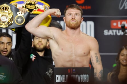 Saúl “Canelo” Álvarez flexes for nan crowd astatine Friday’s ceremonial weigh-in.