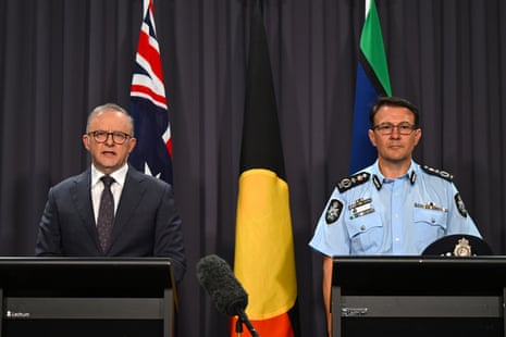 Australian Prime Minister Anthony Albanese and the Commissioner of the Australian Federal Police (AFP) Reece Kershaw