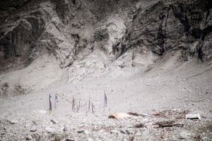 Prayer flags mark the site of Langtang village