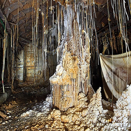 Stalactites and stalagmites in a mine shaft.
