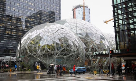 The Amazon Spheres, part of the company’s headquarters, are seen from 6th Avenue in Seattle.