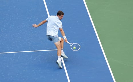 Belgium's Alexander Blockx hits a return to Argentina's Francisco Cerundolo.