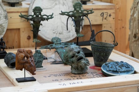 blue and brown artifacts on display