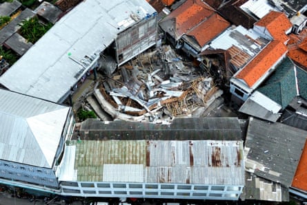 An aerial drone photo of the collapsed school building