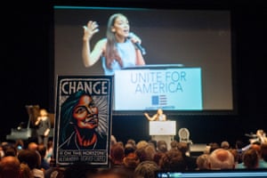 Alexandria Ocasio-Cortez speaks at a campaign event at Century II Performing Arts &amp; Convention Center in Wichita.