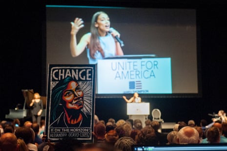 Alexandria Ocasio-Cortez speaks at a campaign event at Century II Performing Arts &amp; Convention Center in Wichita.