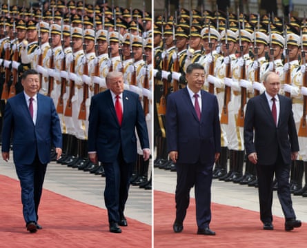 Trump and Putin inspect honour guards outside the Great Hall