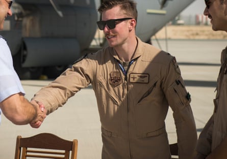 Wulfson (centre) shaking hands with a US air force commander at the Dubai Airshow in 2019.
