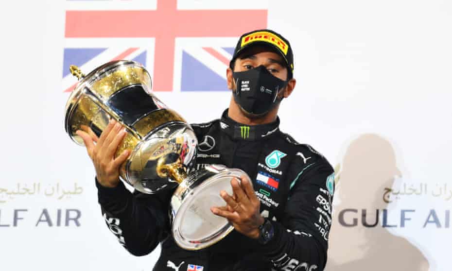 Lewis Hamilton on the podium following the Bahrain Grand Prix last month.
