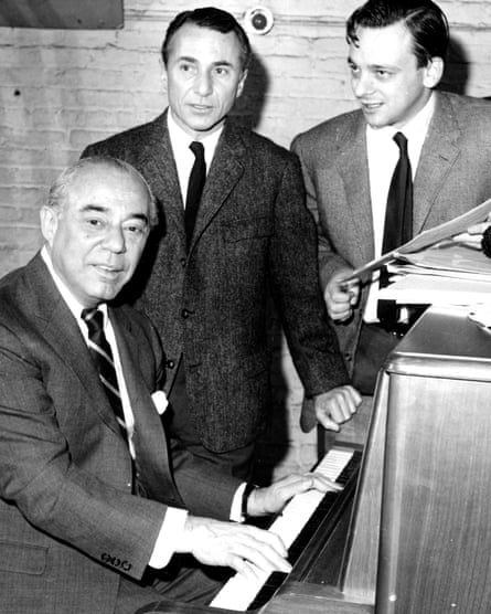 Richard Rodgers, at the piano, lyricist Stephen Sondheim, right, and playwright Arthur Laurents working on the musical Do I Hear a Waltz?
