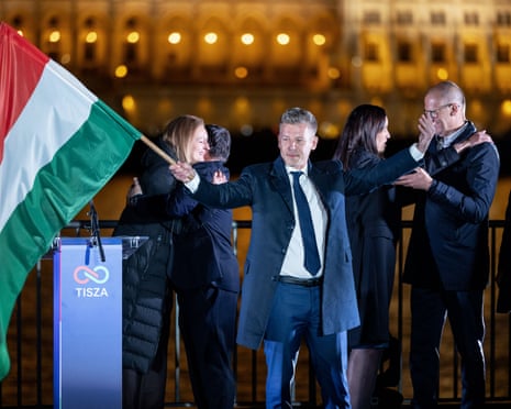 Peter Magyar (C), lead candidate of the Tisza party, speaks to supporters after polling stations closed during Hungarian parliamentary elections in Budapest, Hungary.