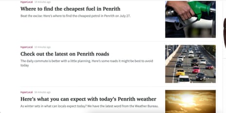 A screenshot of weather and fuel articles on a News Corp site
