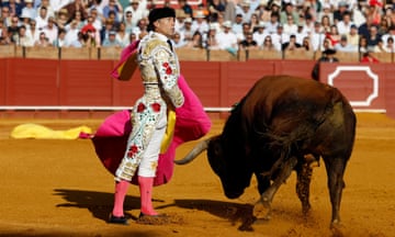 A matador in a white costume holding a bright pink cape next to a bull in motion in a bullring