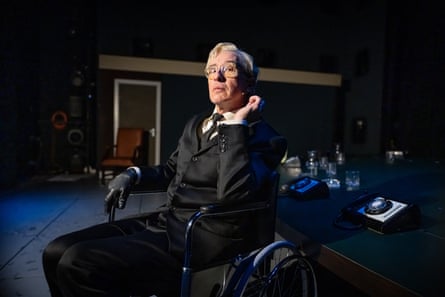 Steve Coogan on stage in a wheelchair in Dr Strangelove.