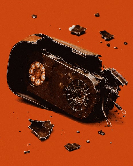Broken surveillance camera with a shattered lens and scattered debris against a bright orange background