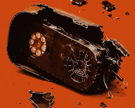 Broken surveillance camera with a shattered lens and scattered debris against a bright orange background