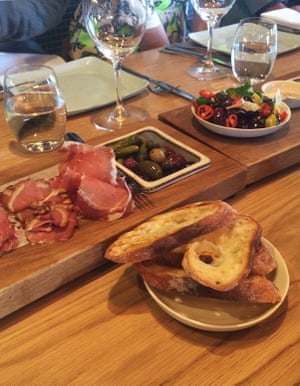 Charcuterie, olives and bread at 2KW restaurant in Adelaide.