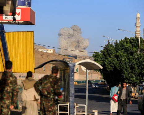 Smoke over Sana’a during a reported Saudi-led coalition airstrike on the Houthi-controlled Yemeni capital on 9 October 2026.Photograph: AFP/Getty Images
