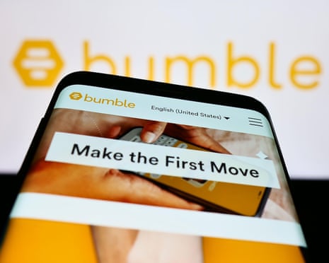 A smartphone displays the Bumble app homepage with the text 'Make the First Move' visible on screen