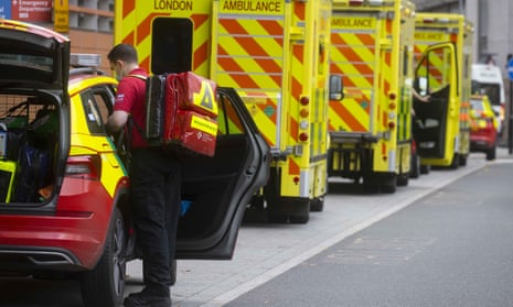Ambulances queue at Royal London Hospital, Whitechapel