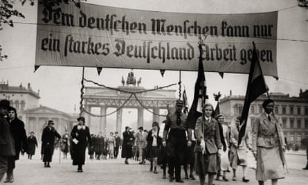 A National socialist demonstration in Berlin, in front of the Brandenburger Gate circa 1931.
