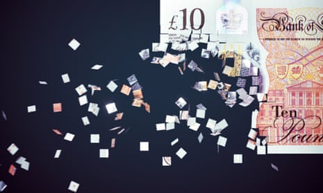 An illustration of a £10 note, with the bottom left hand corner falling away in pixellated squares