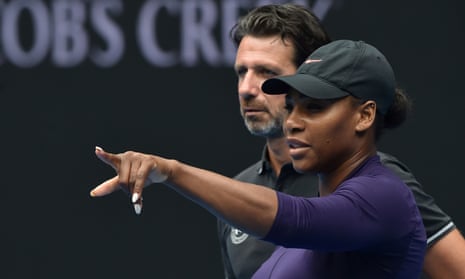Serena Williams talks with her coach Patrick Mouratoglou during the 2017 Australian Open