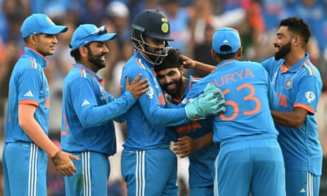 Ravindra Jadeja and the India team celebrate the wicket of Haris Rauf as Pakistan are bowled out for 191.