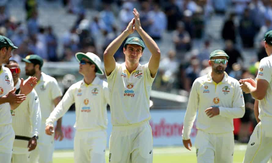 Pat Cummins (centre) heralded Australia’s Ashes performances as ‘a good sign for the next few years’.