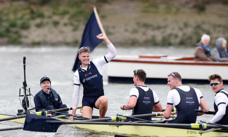 Oxford’s Tobias Schroder, Jack Tottem and teammates celebrate after winning the men’s boat race.