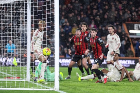 Amine Adli of Bournemouth scores a goal to make it 3-2 at the back post as Hugo Ekitike of Liverpool is helpless to stop the winner.