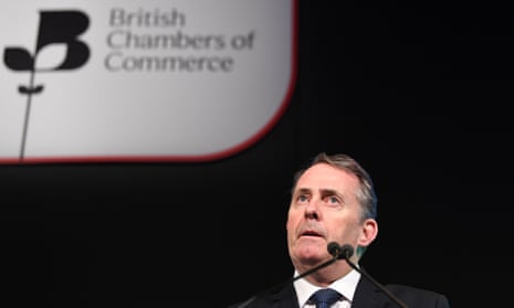 Liam Fox delivers a speech at the British Chambers of Commerce in central London.