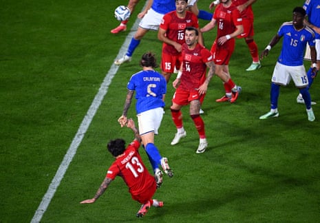 Riccardo Calafiori of Italy scores his team’s second goal.