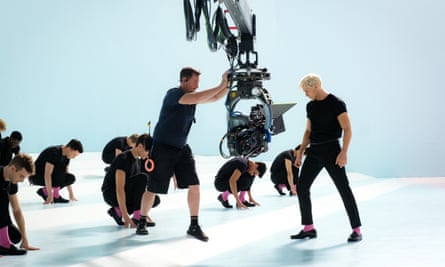 Ryan Gosling on set shooting one of Ken’s musical numbers in Barbie.