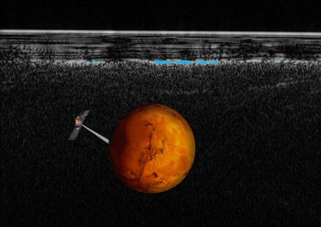 Artistic impression of the Mars Express spacecraft probing the southern hemisphere of Mars, superimposed on a radar cross section of the southern polar layered deposits. The blue spots are areas of very high reflectivity - thought to be water. 
