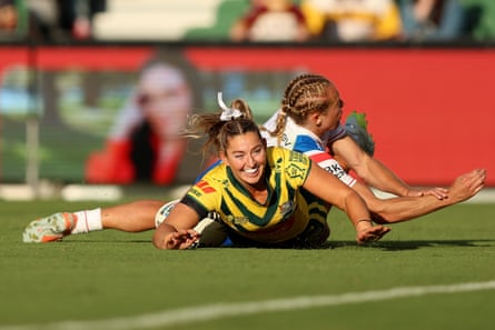 Jocelyn Kelleher scores a try as the Jillaroos brush aside England in the Pool A match at the women’s Rugby League World Cup