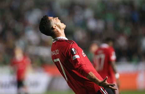Manchester United's Cristiano Ronaldo reacts after shooting wide.