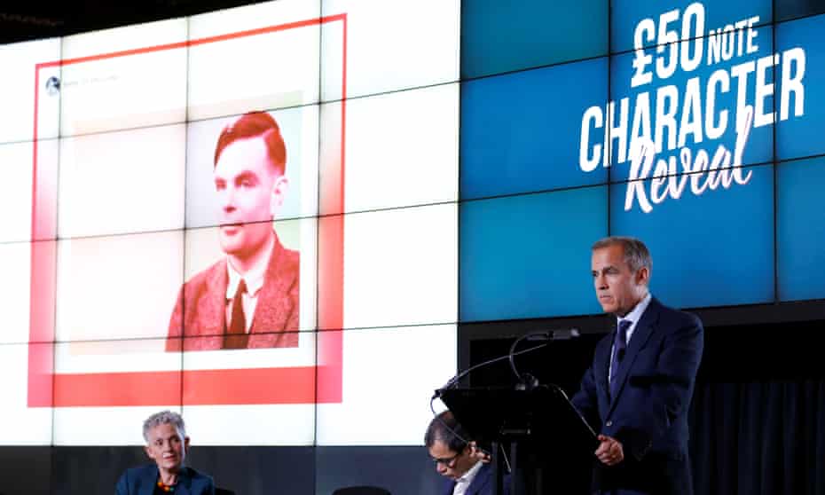 The Bank of England governor, Mark Carney, reveals Alan Turing will feature on the new £50 banknote.