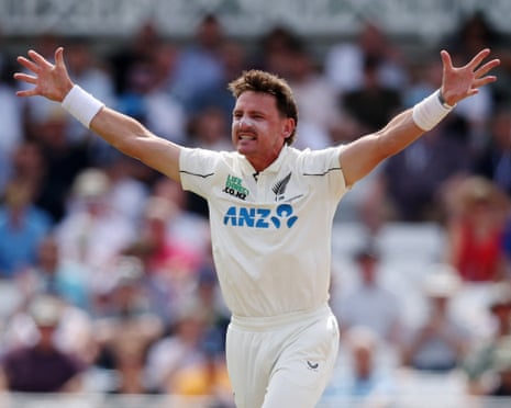 New Zealand's Nathan Smith celebrates after taking the wicket of England's Joe Root by way of lbw.